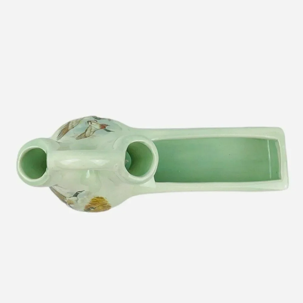 RARE VTG Green Double Opening Spout Bud Vase Planter Geese Mallard Duck Signed